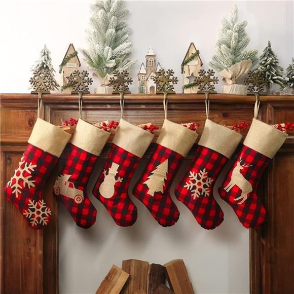Set of 6 Christmas Stockings Decorations18 inches Red Black Buffalo Plaid - Picture 1 of 7